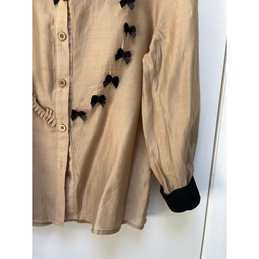Vintage Satin Blouse Tops Women Beige Contrast Collar Heart Bow Pleated Shirt S - Picture 4 of 10